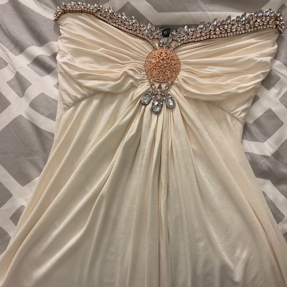 Sky Ivory Strapless Jeweled Bust Pleated Blouse